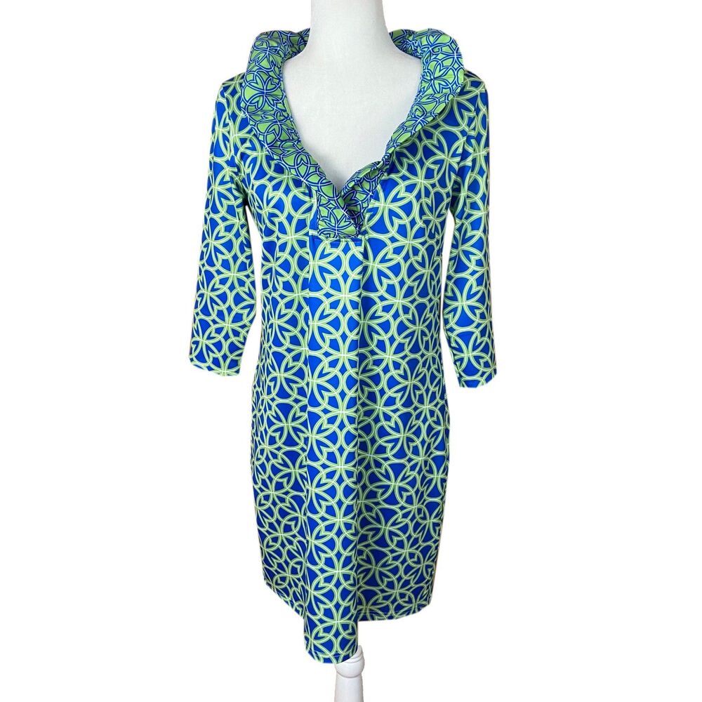 Gretchen Scott Designs Blue and Lime Geometric Midi Dress